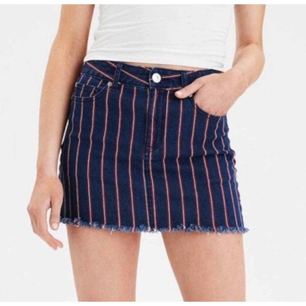 American Eagle Hi-Rise Red/White Striped Denim Mini Skirt, Size 10‎ Long